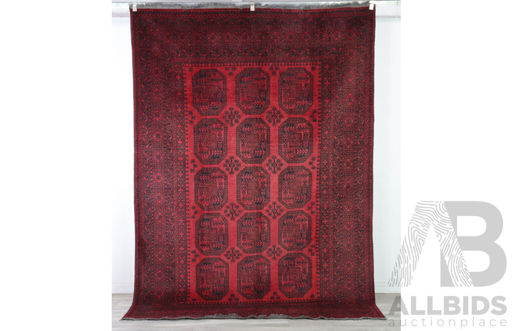 Hand Knotted Afghan Thick Wool Carpet with Classic Elephants Gul Design and Rich Madder Red Colouration