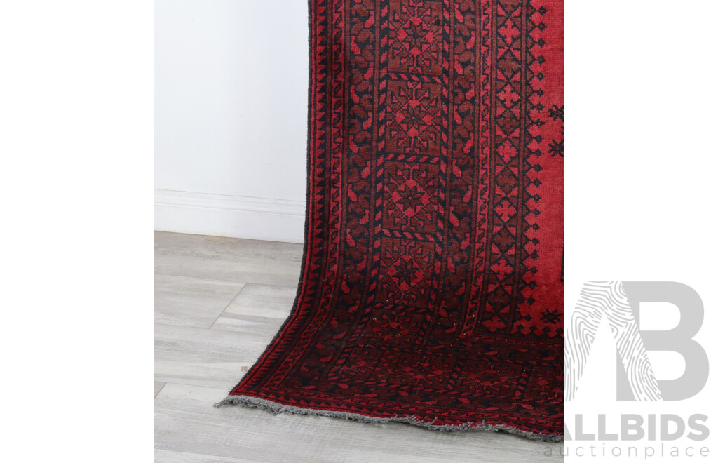 Hand Knotted Afghan Thick Wool Carpet with Classic Elephants Gul Design and Rich Madder Red Colouration