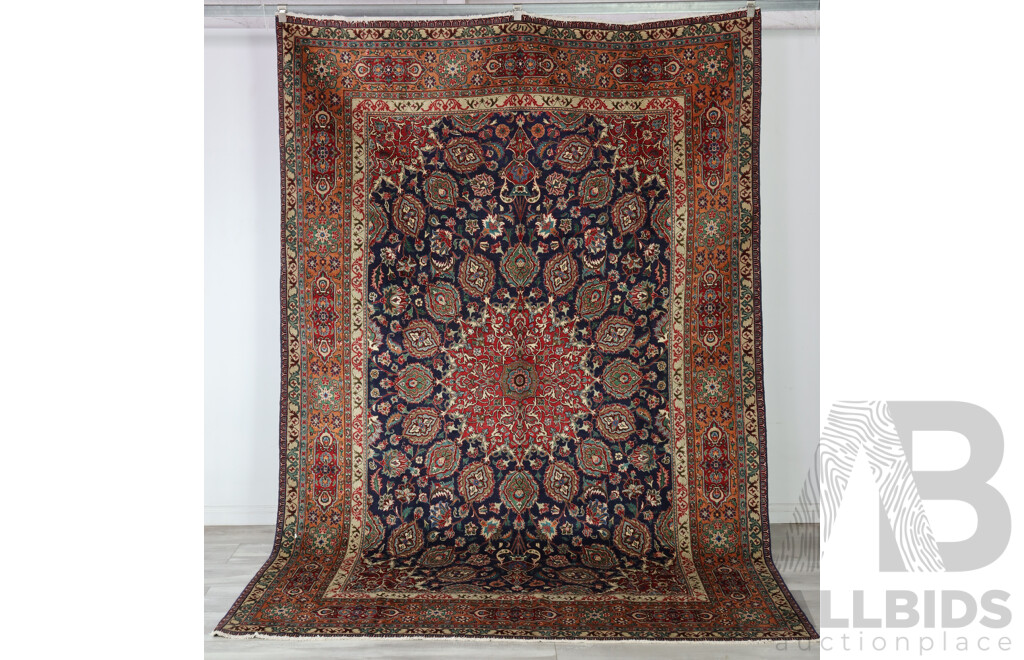 Large Fine Hand Knotted Persian Wool Carpet with Cartouche Border