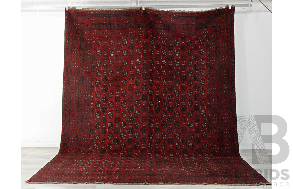 Large Hand Knotted Afghan Wool Carpet with Classic Madder Red Gul Design