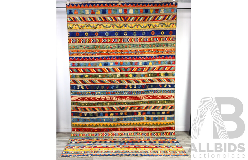 Large Hand Woven & Knotted Wool Mixed Medium Kilim with Pile Sections