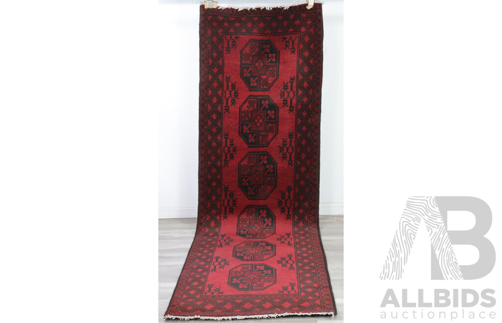 Hand Knotted Afghan Wool Runner with Classic Elephants Foot Gul Design and Madder Red Colouration