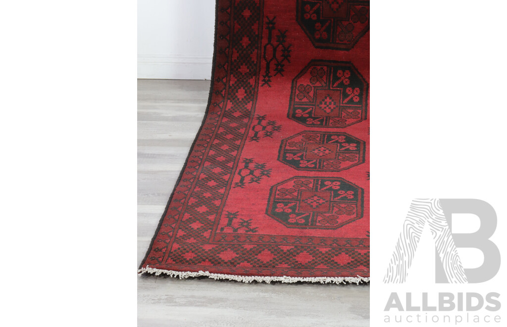 Hand Knotted Afghan Wool Runner with Classic Elephants Foot Gul Design and Madder Red Colouration