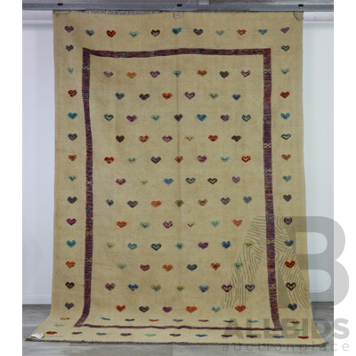 Hand Woven Persian Wool Kilim with Raised Heart Motif