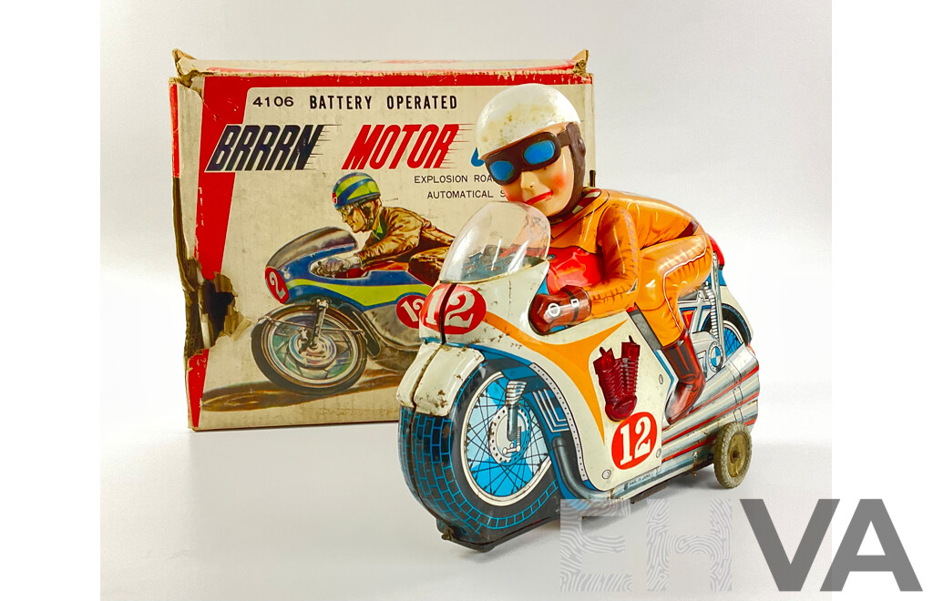Vintage Bandai Pressed Steel Brran Motorcycle, Battery Operated with Original Box, Made in Japan