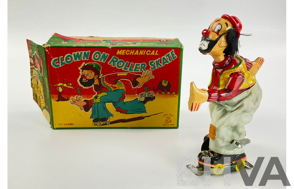 Vintage T.P.S Mechanicle Clown on Roller Skates with Original Box, Made in Japan