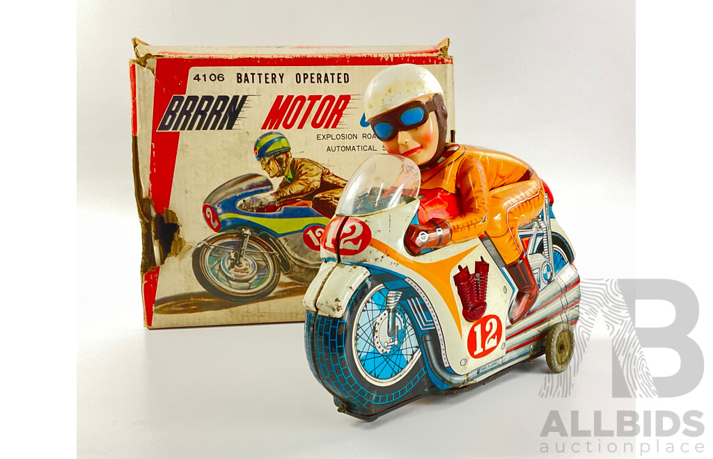Vintage Bandai Pressed Steel Brran Motorcycle, Battery Operated with Original Box, Made in Japan
