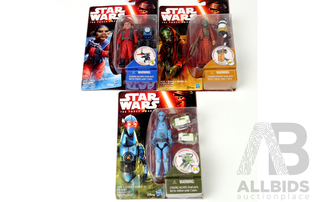 Collection Star Wars the Force Awakens Figures, Sealed on Cards, by Disney Hasbro, Comprising Sarco Plank, Nien Nunb & PZ 4CO
