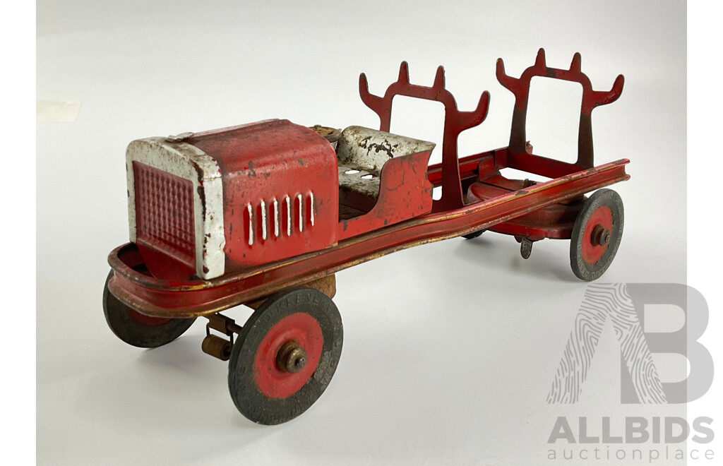 Vintage Kingsbury Toys Pressed Steel Fire Truck with Clockwork Motor and Bell, Made in USA