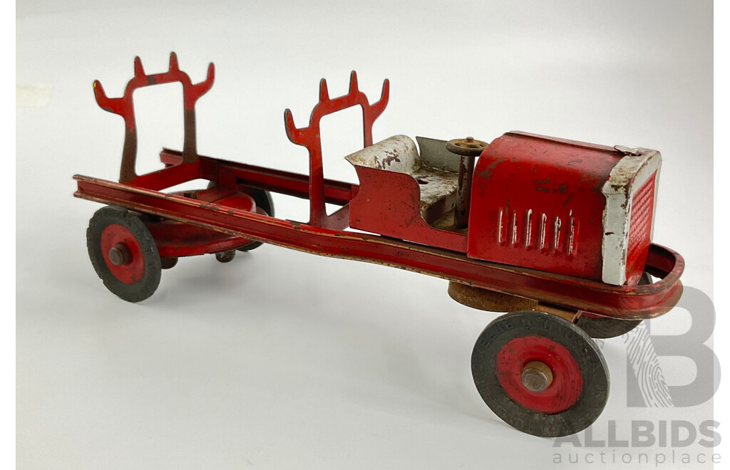 Vintage Kingsbury Toys Pressed Steel Fire Truck with Clockwork Motor and Bell, Made in USA