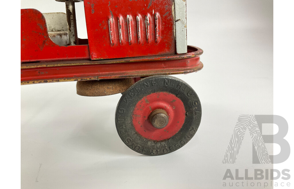 Vintage Kingsbury Toys Pressed Steel Fire Truck with Clockwork Motor and Bell, Made in USA