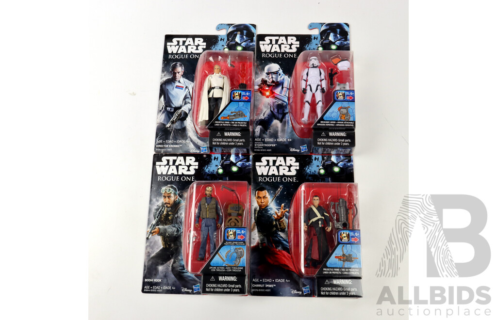 Collection Star Wars Rogue One Figures, Sealed on Cards, by Disney Hasbro, Comprising Imperial Stromtrooper, Bodhi Rook, Chirrut Imwe & Director Krennic