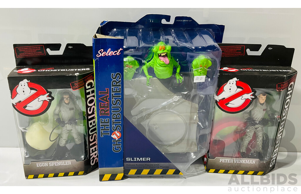 Trio of Ghostbusters Toy Figures in Original Packaging - Slimer, Elon Spengler and Peter Venkman