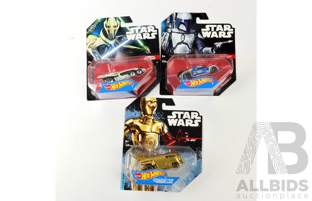Collection Star Wars Hot Wheels Character Cars Comprising C3PO, Jango Fett & General Grevous, Sealed on Cards