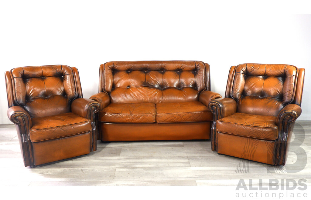 Moran Brown Leather Buttoned Three Piece Lounge Suite
