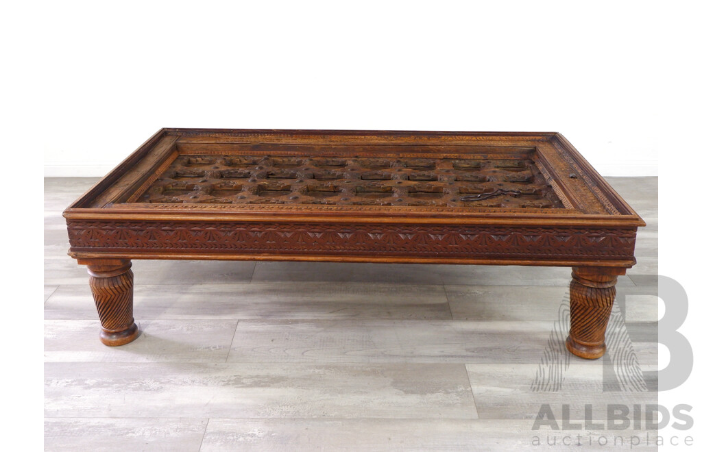 Hardwood Glass Top Coffee Table with Iron Inserts