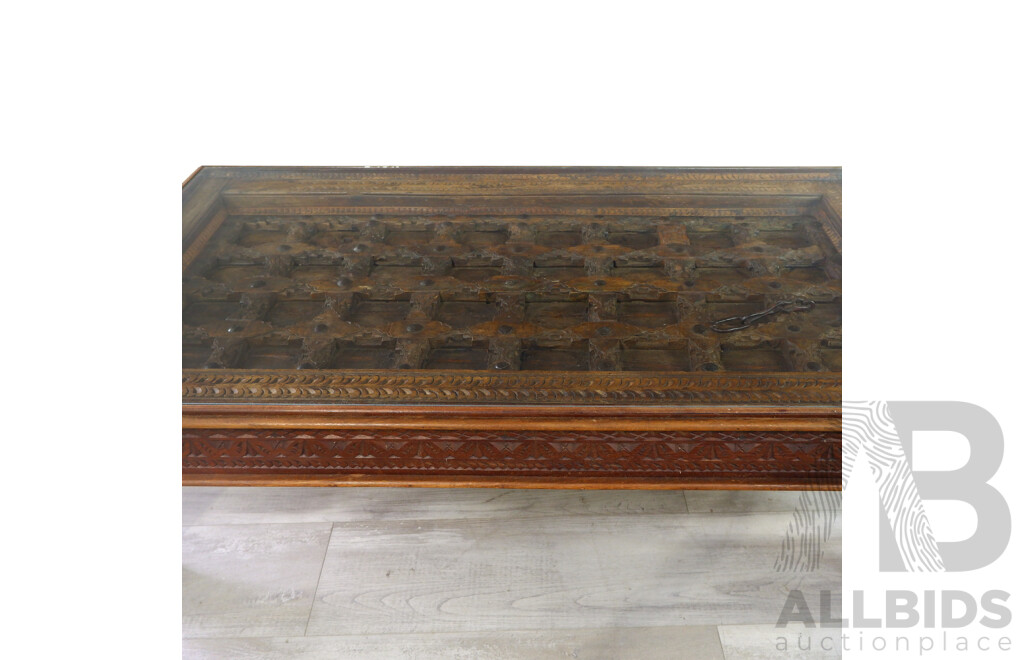 Hardwood Glass Top Coffee Table with Iron Inserts