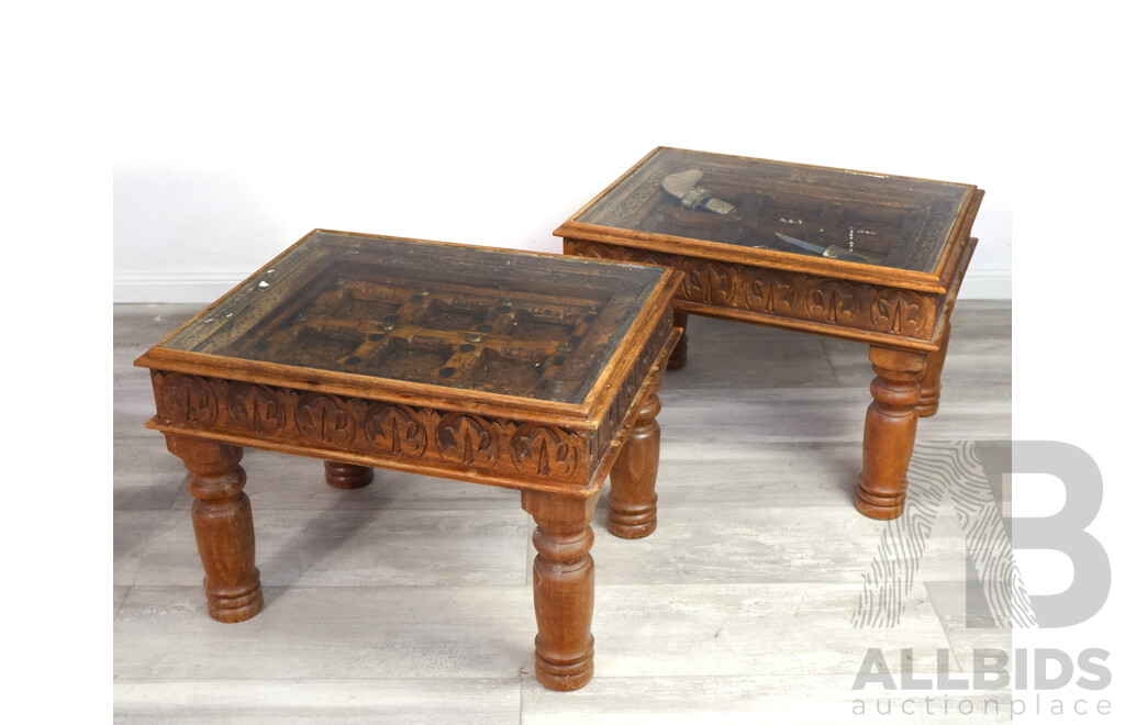 Hardwood Carved Coffee Tablke with Recessed Glass Top