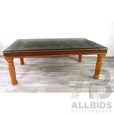 Hardwood Glass Top Dining Table with Castle Door Finish