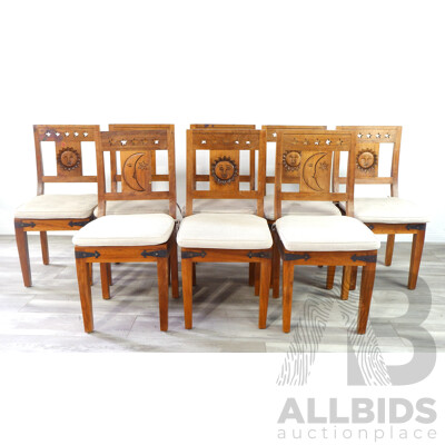 Good Set of Eight Hardwood Dining Chairs with Sun and Moon Motif
