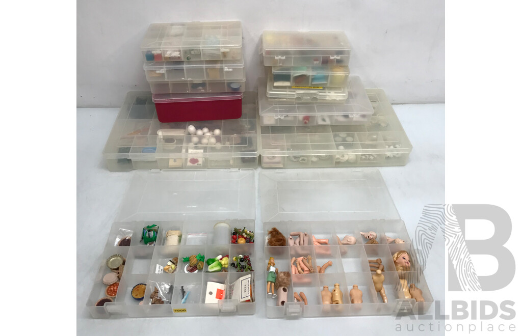 Collection of Assorted Dollhouse Furniture, Toys, Miniatures, and Crafts with Storage Containers