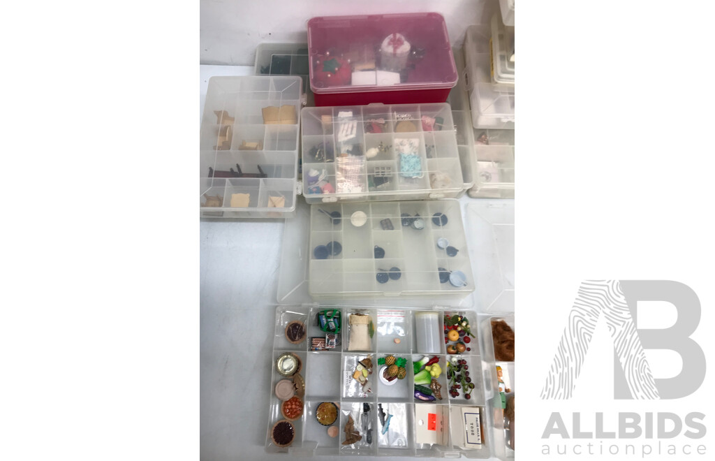 Collection of Assorted Dollhouse Furniture, Toys, Miniatures, and Crafts with Storage Containers