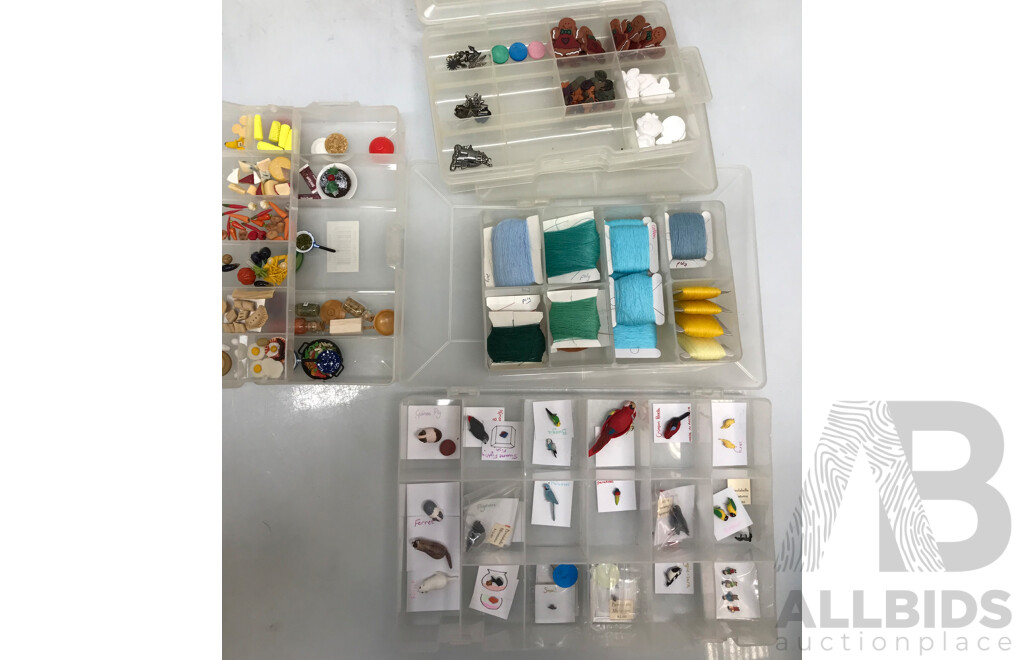 Collection of Assorted Dollhouse Furniture, Toys, Miniatures, and Crafts with Storage Containers