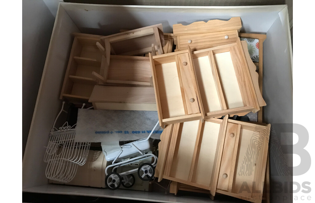 Pallet Lot of Assorted Arts & Crafts Items, Dolls & Dollhouse Furniture, Decorations, and More