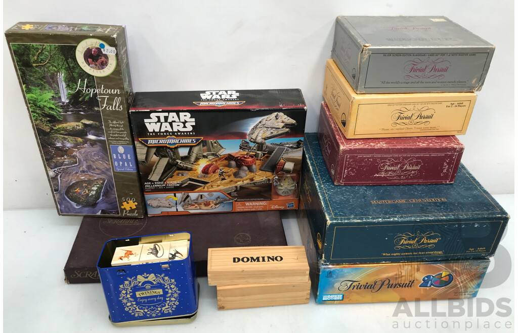 Assorted Board Games and Toys Including Trivial Pursuit, Scrabble, Domino, and More