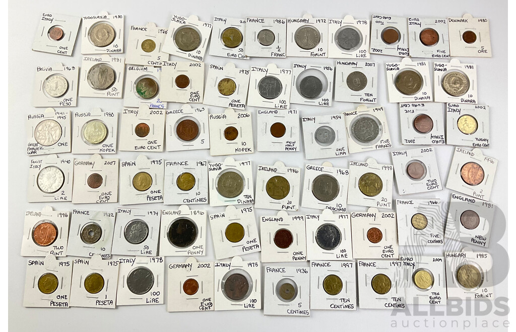 Collection of European Coins Including UK 1896 Penny, 1936 France Five Centimes, Italy 1940 Two Lire and More