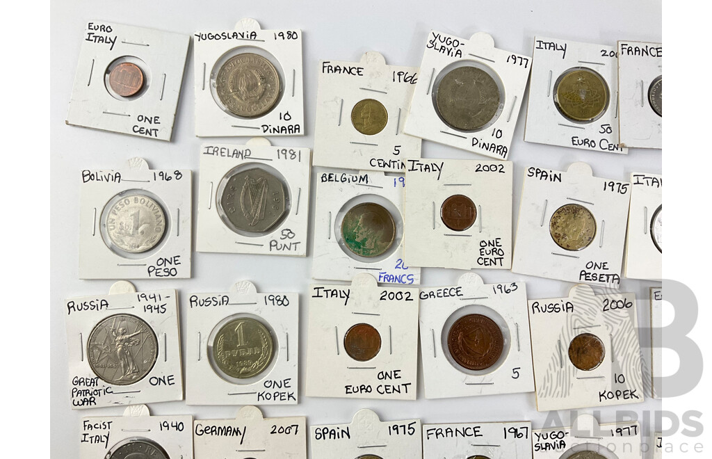 Collection of European Coins Including UK 1896 Penny, 1936 France Five Centimes, Italy 1940 Two Lire and More