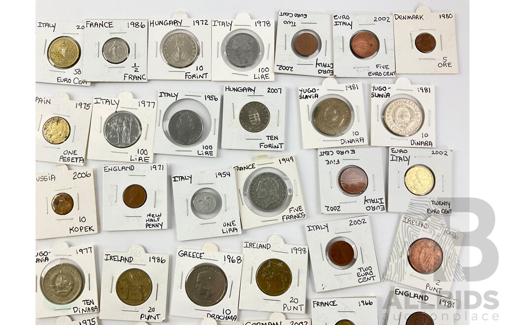 Collection of European Coins Including UK 1896 Penny, 1936 France Five Centimes, Italy 1940 Two Lire and More