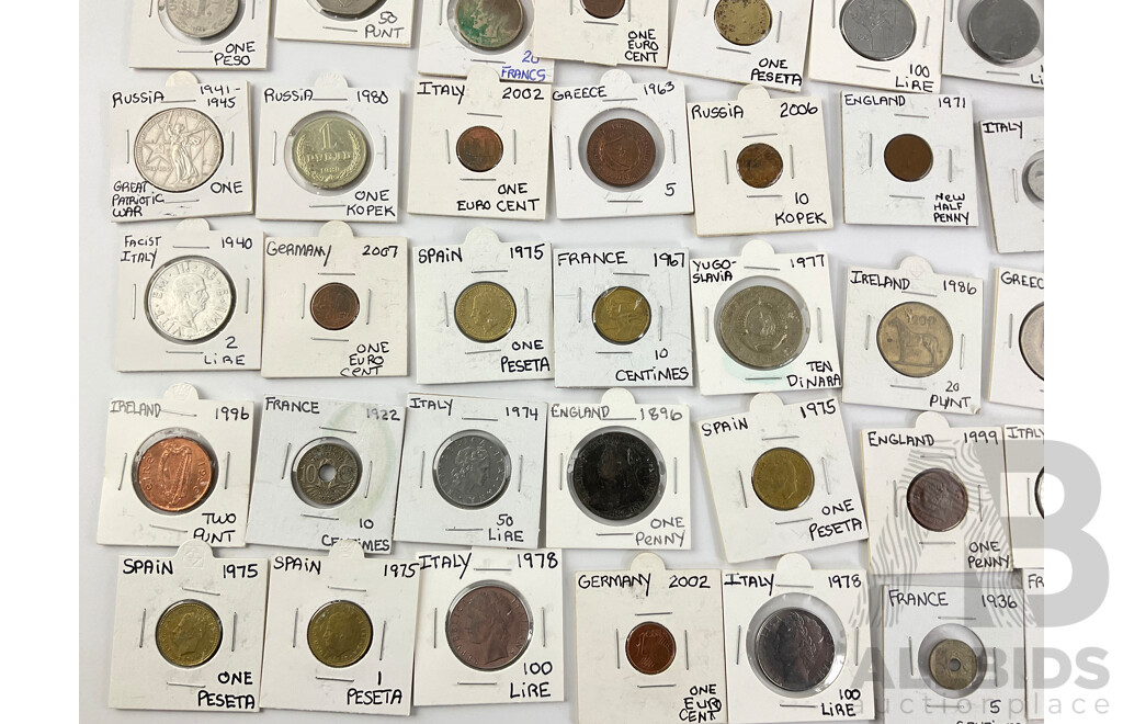 Collection of European Coins Including UK 1896 Penny, 1936 France Five Centimes, Italy 1940 Two Lire and More