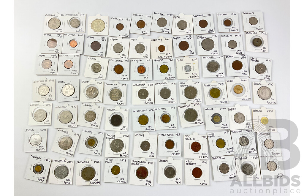 Collection of International Coins Including Belgium 1902 Ten Centimes, Israel 1967 One Lira, Japan 1959 One Yen and More