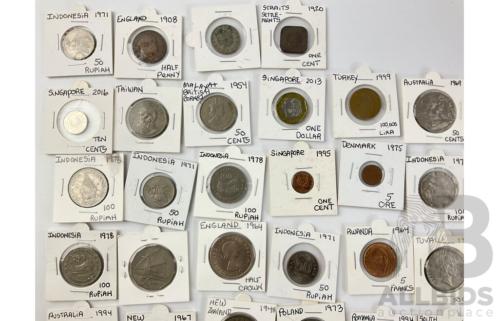 Collection of International Coins Including Egypt 1896-1907 One Qirsh, Straights Settlements 1920 One Cent, UK 1908 Half Penny and More