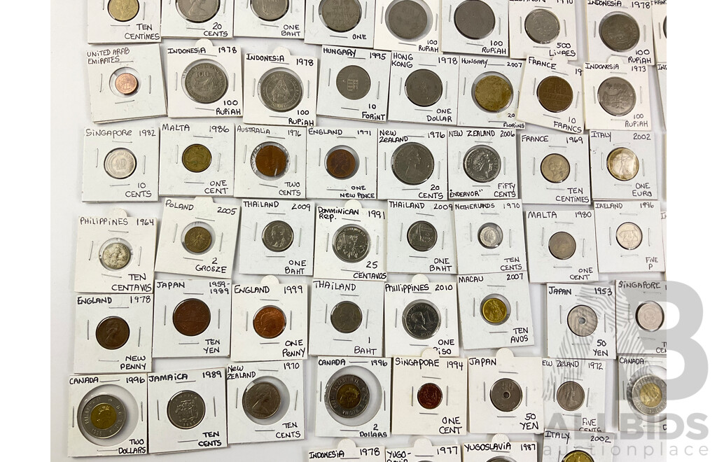 Collection of International Coins Including Canada 1996 Bimetallic Two Dollar, New Zealand 1961 Florin, Romania 1966 Three Lei and More