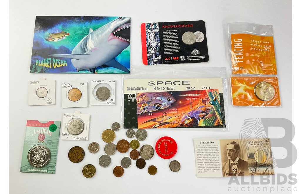 Collection of Coins Stamps and Token Including Australian 2018 Commemorative Twenty Cent Coin, Knowledgeable, Commemorative Five Dollar, Fencing, Manly Ferry Turnstile Token, Space Stamp Mini Sheet and More