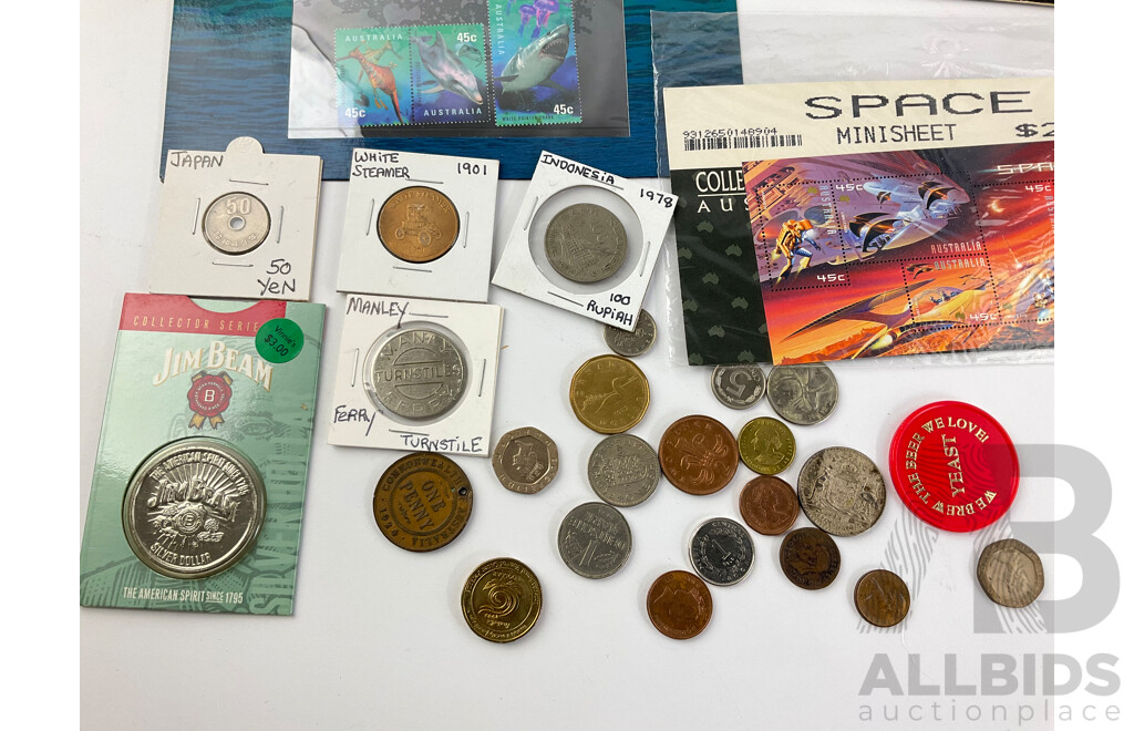 Collection of Coins Stamps and Token Including Australian 2018 Commemorative Twenty Cent Coin, Knowledgeable, Commemorative Five Dollar, Fencing, Manly Ferry Turnstile Token, Space Stamp Mini Sheet and More