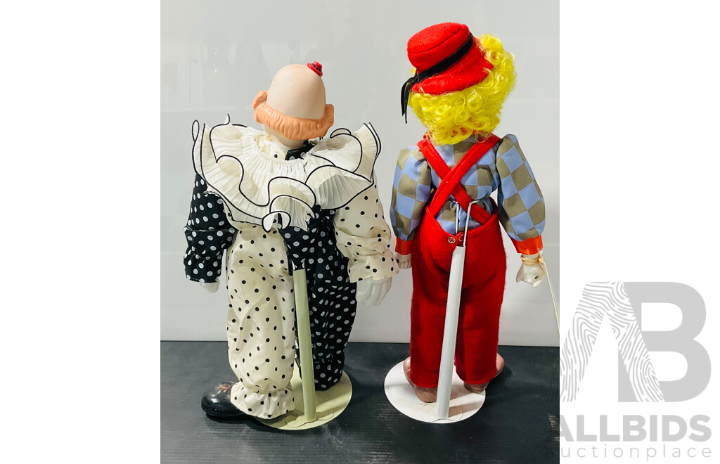 Two Retro Clown Dolls with Porcelain Heads & Hands