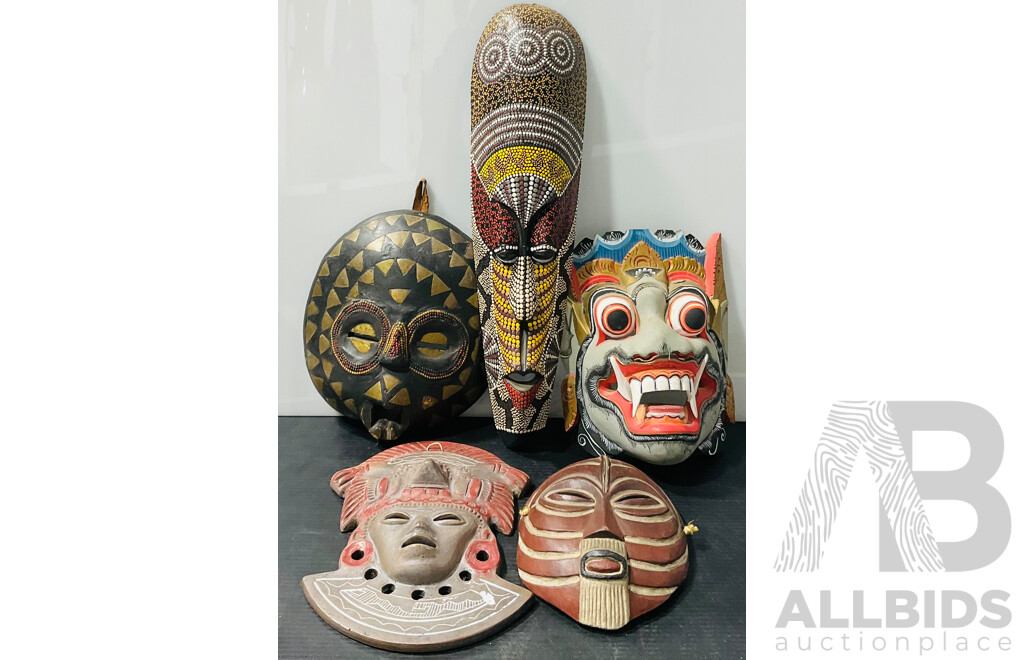 Collection Display Masks Including Balinese Wooden Monkey Example, Central American Pottery Example, African and More