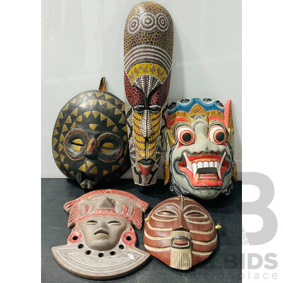 Collection Display Masks Including Balinese Wooden Monkey Example, Central American Pottery Example, African and More
