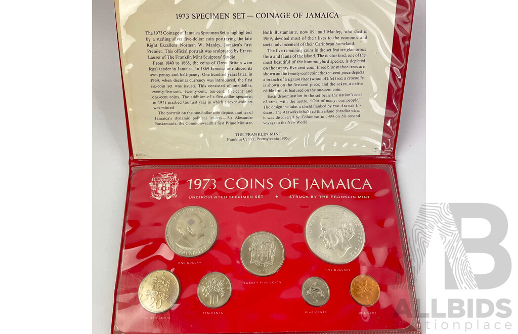 Jamaica 1973 Seven UNC Coin Set with 1966, 1969 PNCs and Bermuda 1970