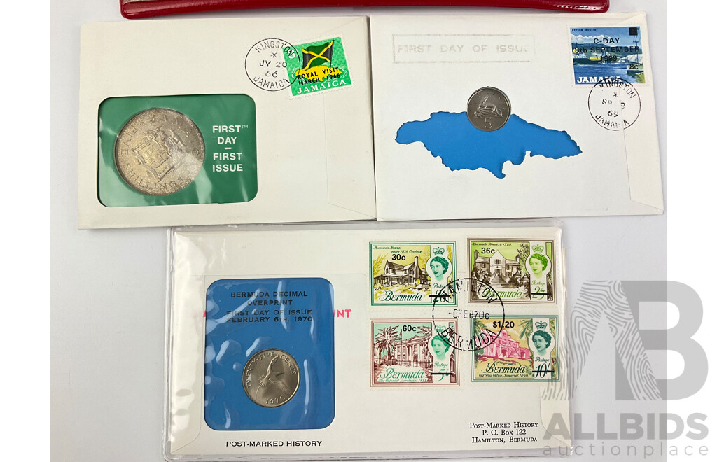 Jamaica 1973 Seven UNC Coin Set with 1966, 1969 PNCs and Bermuda 1970