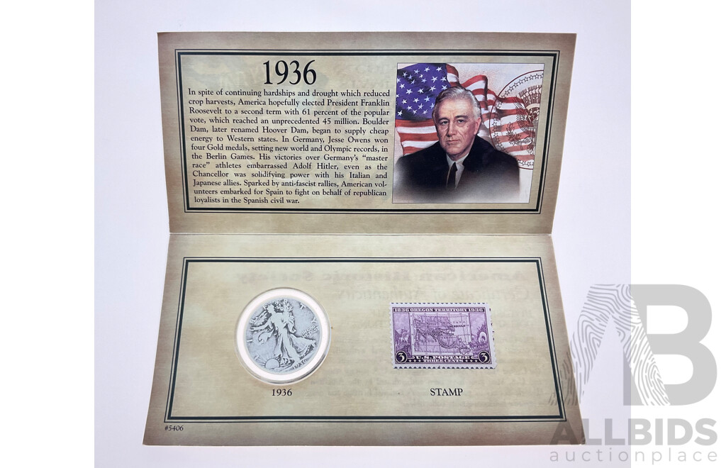 USA 1936 Walking Historic Liberty Stamp and Coin Collection, Silver Half Dollar