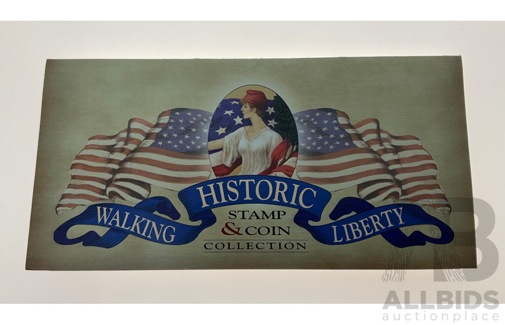 USA 1936 Walking Historic Liberty Stamp and Coin Collection, Silver Half Dollar