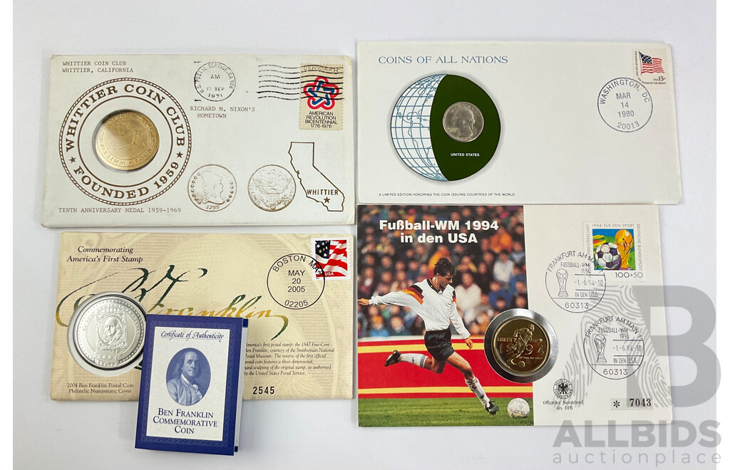 USA PNCs Including 1971 Whittier Coin Club, 1980 Frankilin Mint Coins of All Nations, 2005 America's First Stamp Commemorative with Germany 1994 USA World Cup