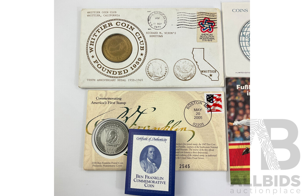 USA PNCs Including 1971 Whittier Coin Club, 1980 Frankilin Mint Coins of All Nations, 2005 America's First Stamp Commemorative with Germany 1994 USA World Cup