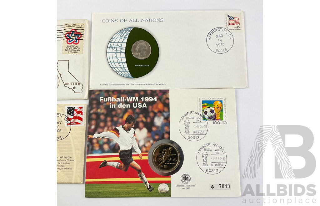 USA PNCs Including 1971 Whittier Coin Club, 1980 Frankilin Mint Coins of All Nations, 2005 America's First Stamp Commemorative with Germany 1994 USA World Cup