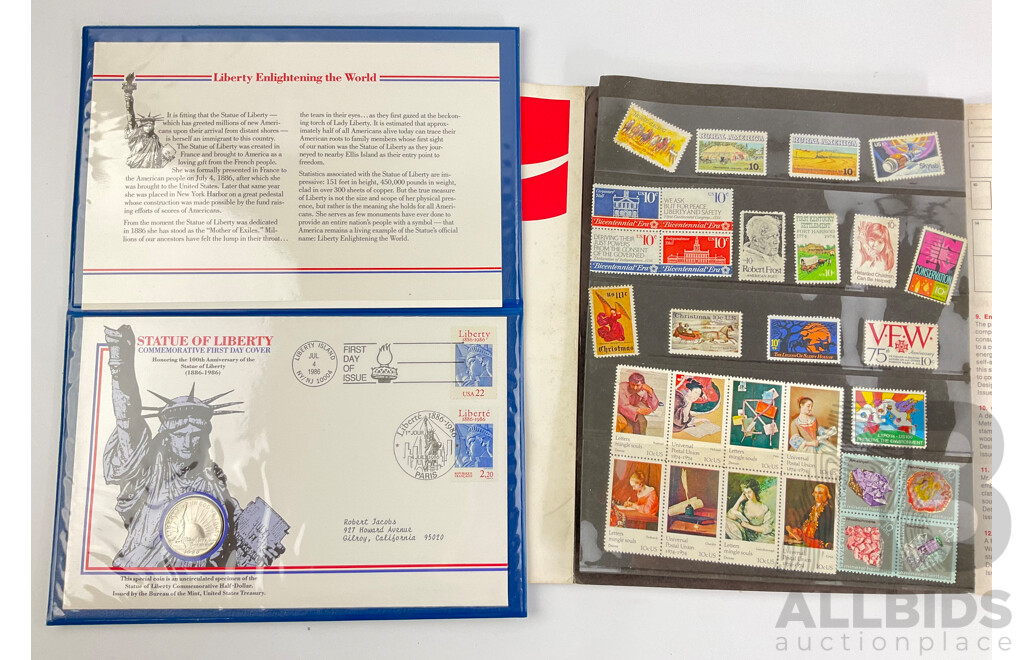 USA 1986 Statue of Liberty Commemorative First Day Cover with 1974 Mint Set of Commemorative Stamps