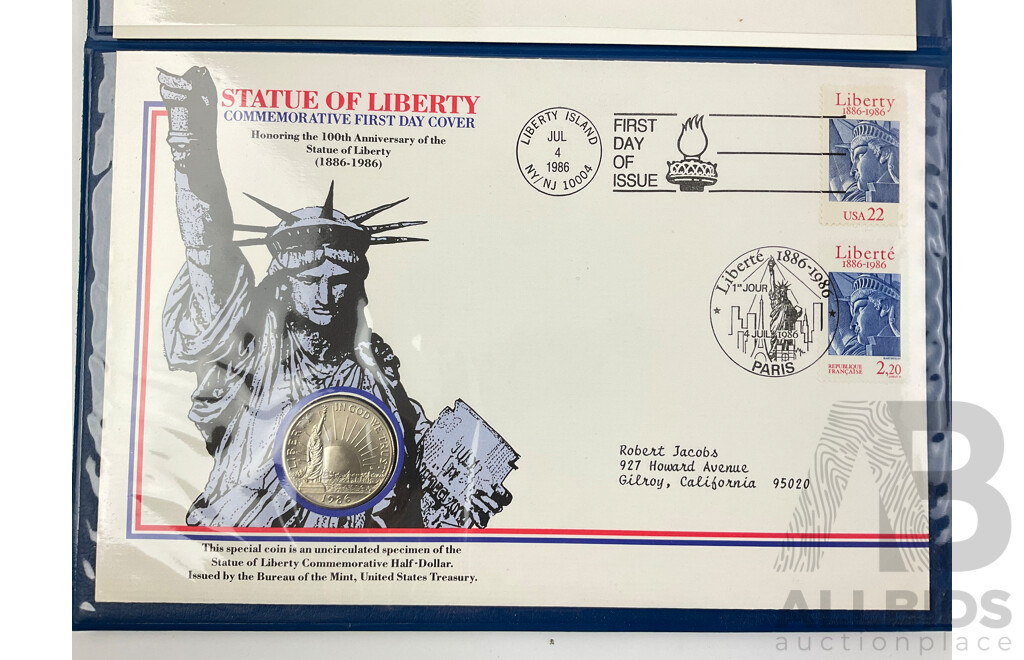 USA 1986 Statue of Liberty Commemorative First Day Cover with 1974 Mint Set of Commemorative Stamps